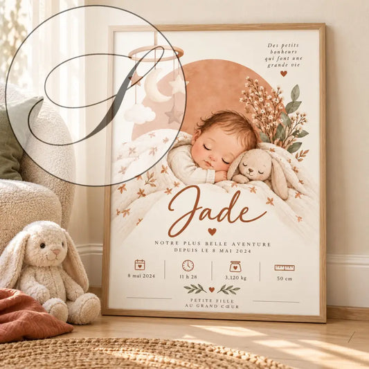 Affiche bébé endormi avec doudou lapin en blanc et beige cadeau naissance personnalisé pour fille encadré