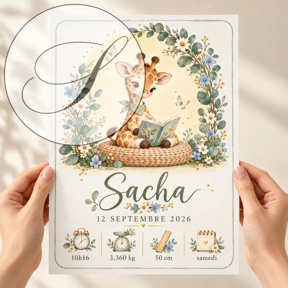 Affiche naissance personnalisé bébé avec girafe marron et écharpe verte entourée de fleurs bleues et blanches