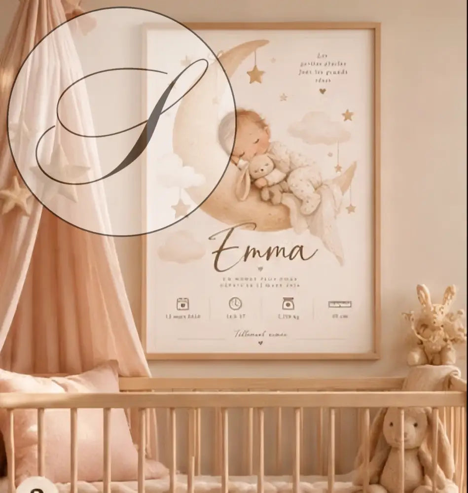 Affiche de naissance personnalisée bébé lune avec bébé endormi sur lune et étoiles pastel cadeau naissance idéal