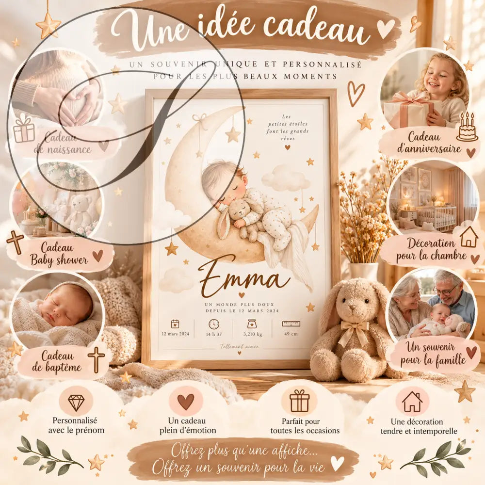 Affiche de naissance personnalisée bébé lune avec bébé endormi sur croissant de lune étoiles pastel cadeau naissance