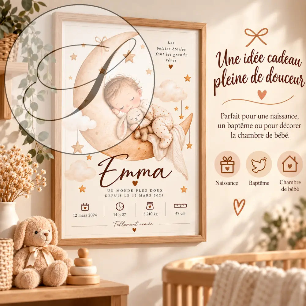 Personalized baby on the moon birth poster with a baby asleep on a beige crescent moon, baby gift
