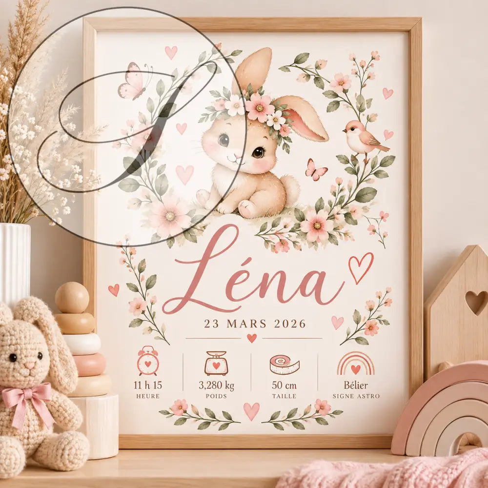 Affiche de naissance personnalisée lapin fleuri avec lapin beige et fleurs roses pour baby shower et décor bébé