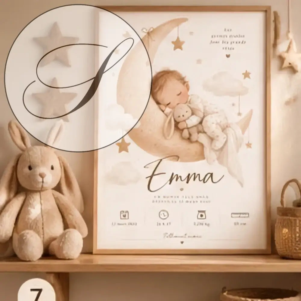 Affiche de naissance personnalisée bébé lune avec bébé endormi sur croissant de lune en tons beige crème idéale cadeau naissance