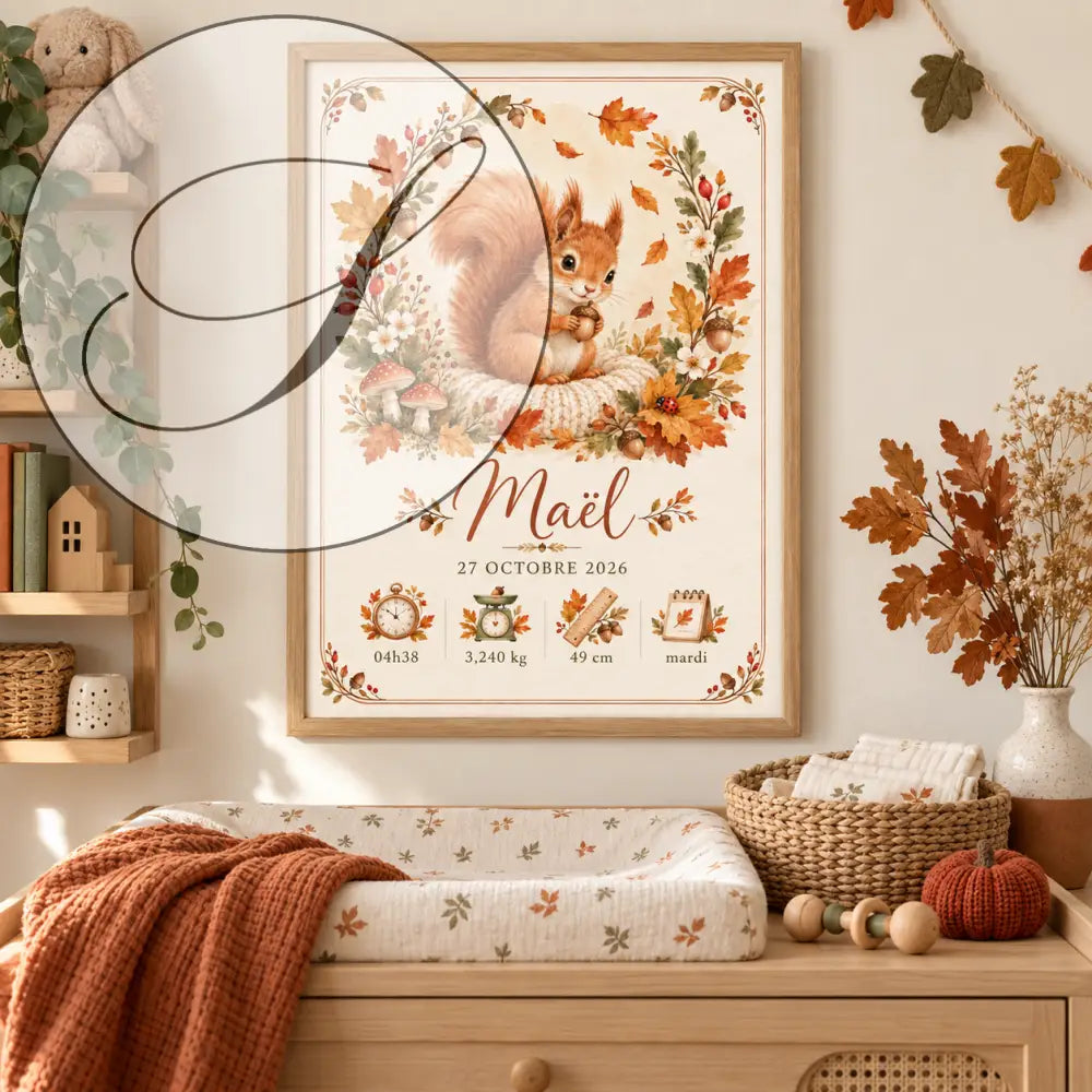 Affiche naissance personnalisée cadre avec écureuil orange dans nid tressé entouré de feuilles et champignons automnaux cadeau naissance