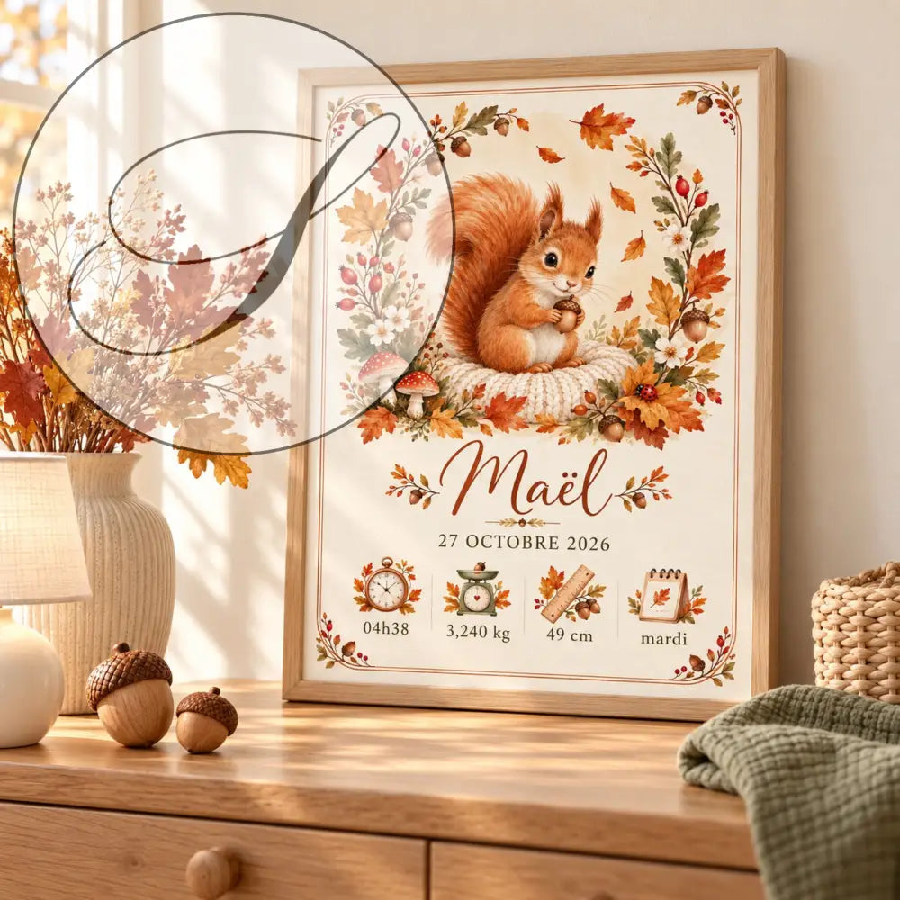 Affiche prénom écureuil orange encadrée avec feuilles dautomne pour cadeau naissance personnalisé bébé