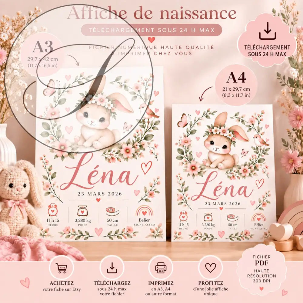 Affiche de naissance personnalisée rose poudré avec lapin fleuri et couronne de fleurs idéale baby shower et impression maison