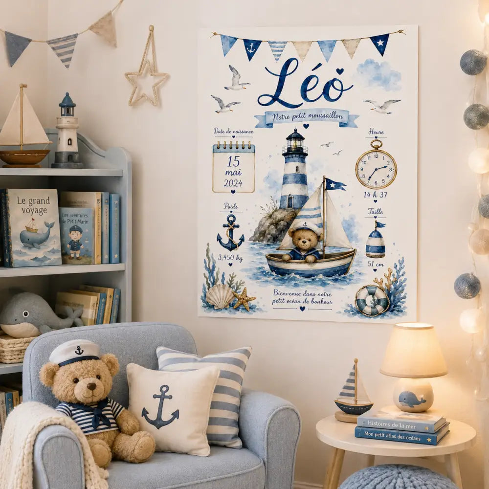 Affiche naissance thème nautique avec teddy bear en voilier, phare bleu et blanc, motifs ancres, mouettes, et prénom léo