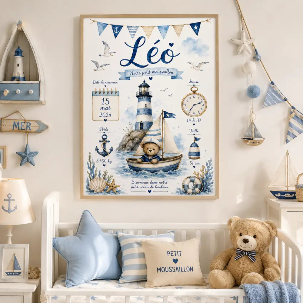 Cadre annonce de naissance thème nautique avec ourson en bateau, phare bleu et blanc, mouettes, ancres et détails bébé