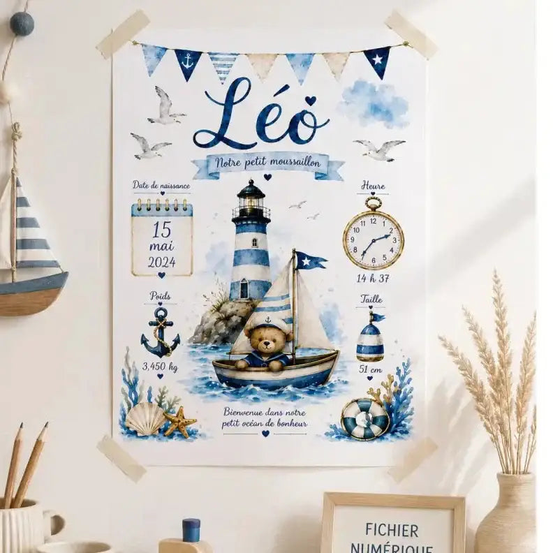 Affiche de naissance bébé thème nautique avec illustration aquarelle nounours en bateau rayé bleu 