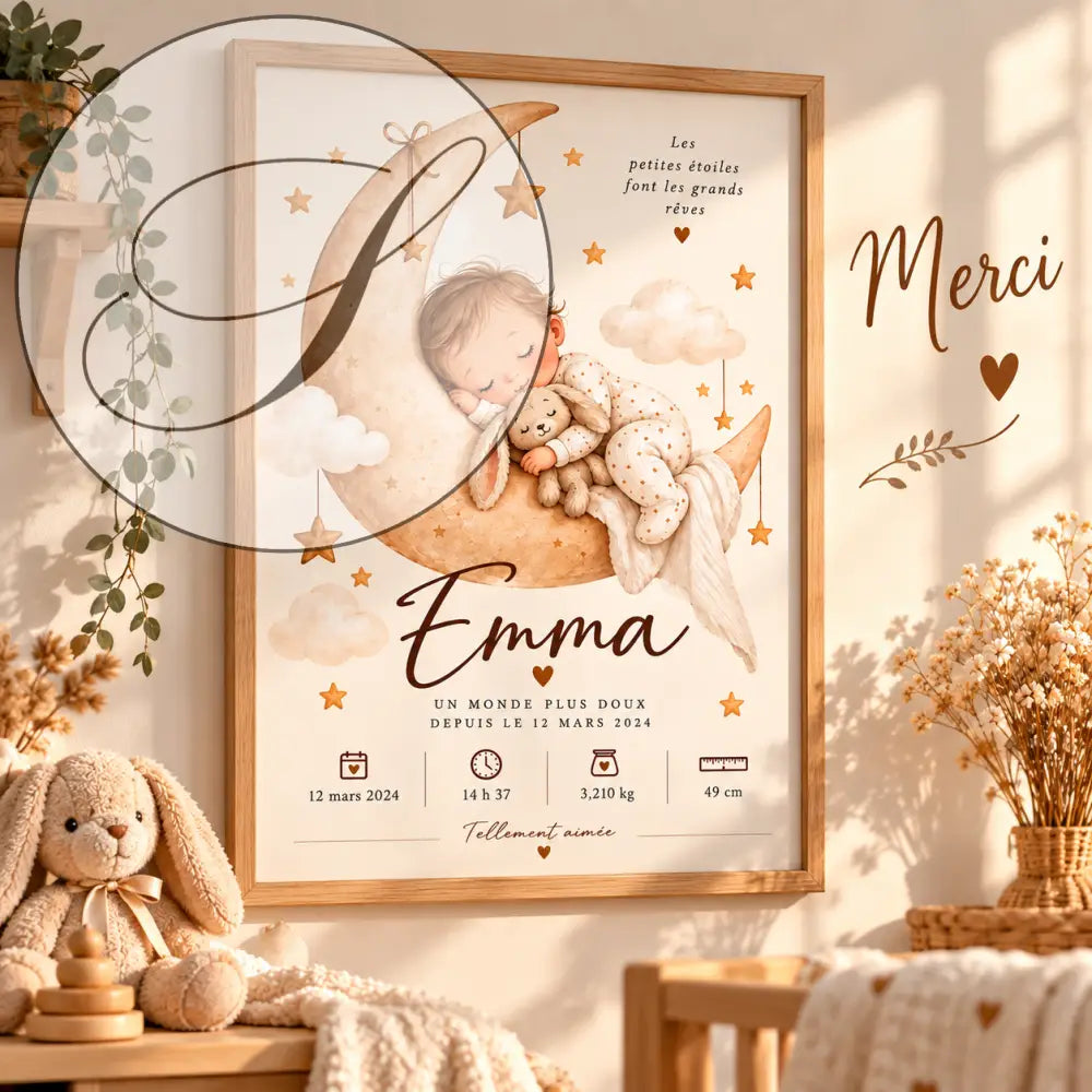 Personalized baby on the moon birth poster with a baby asleep on a beige crescent moon, ideal baby gift