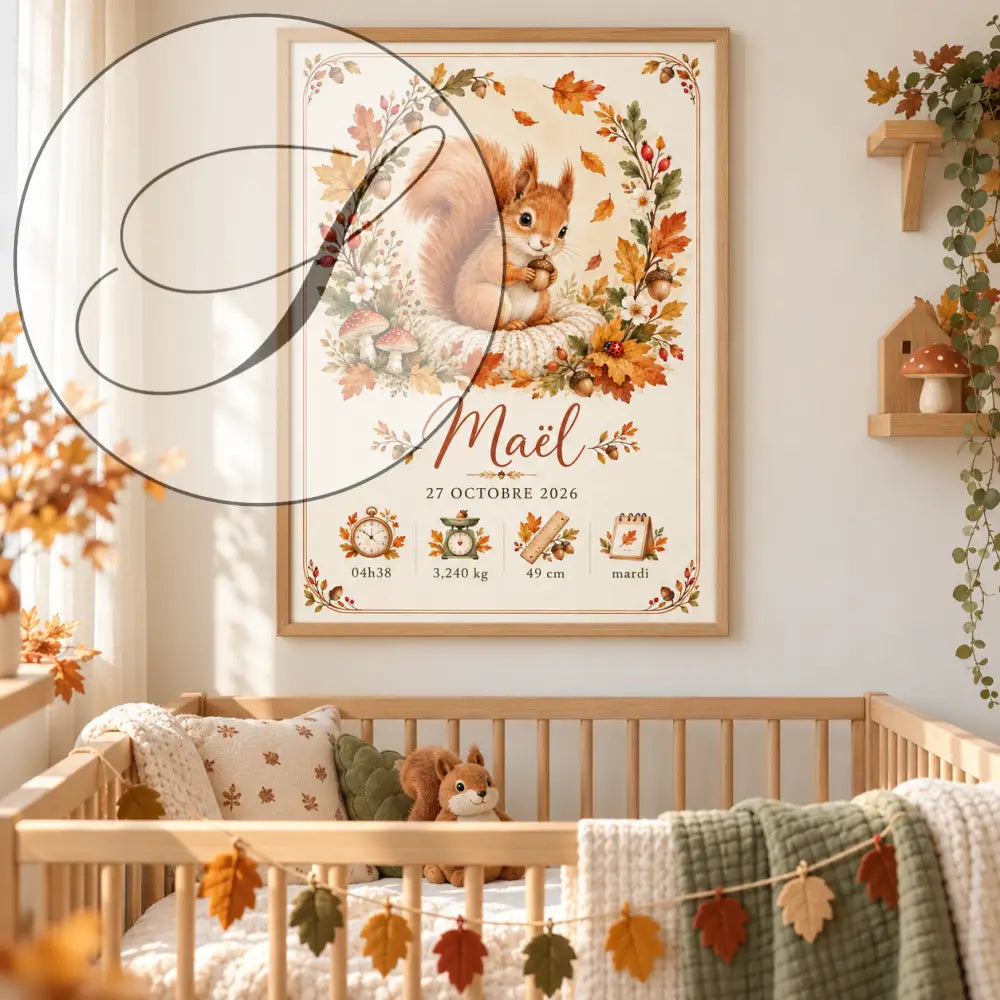 Affiche naissance personnalisée avec écureuil orange dans nid tissé entouré de feuilles et champignons automnaux cadeau naissance