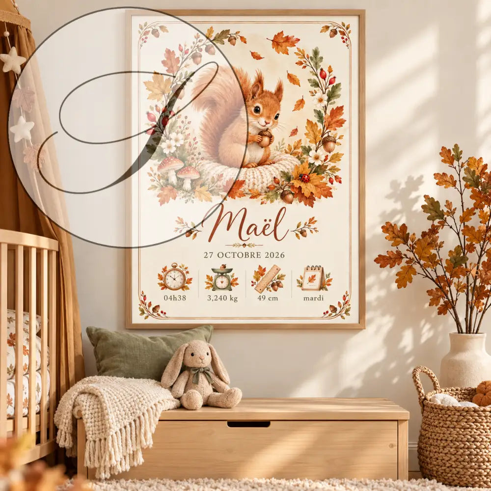 Affiche naissance cadre personnalisée écureuil orange dans nid tressé avec feuilles et champignons automne cadeau naissance