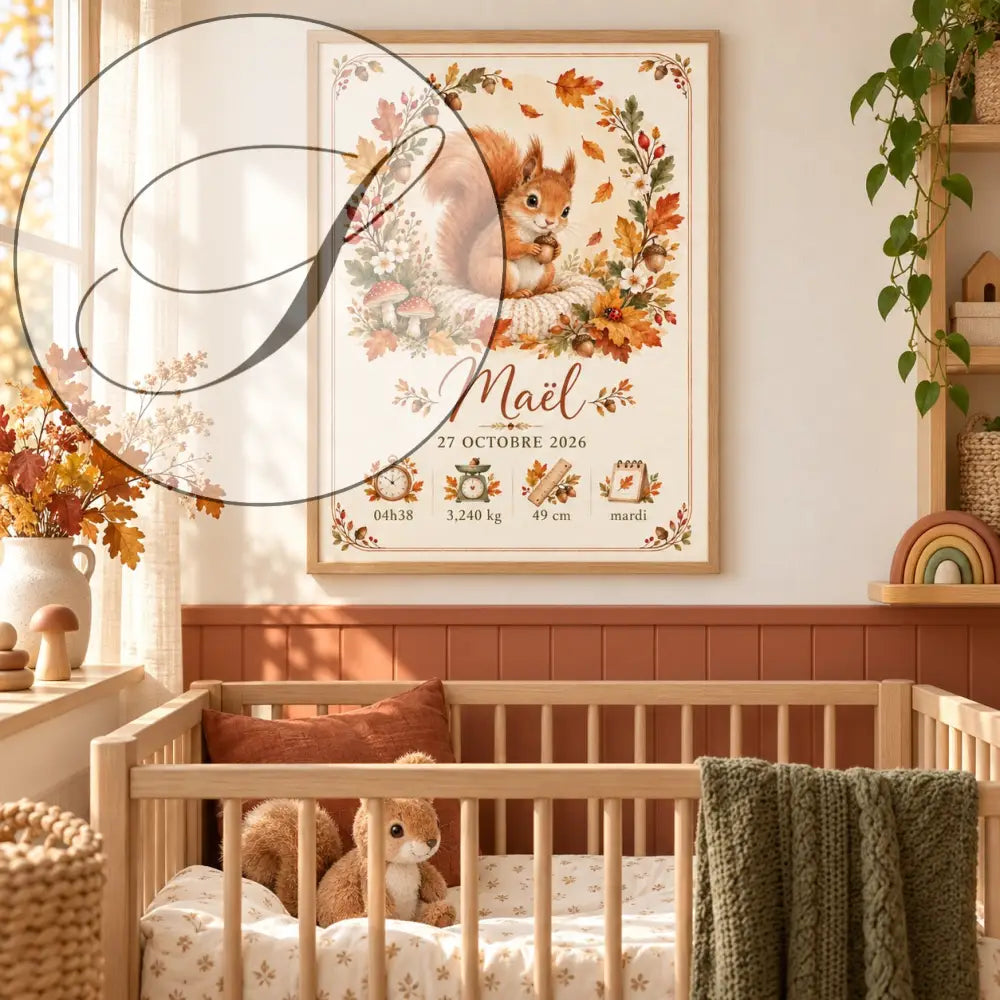 Affiche prénom écureuil cadre automne rouge avec feuilles, champignons et glands pour cadeau naissance personnalisé bébé