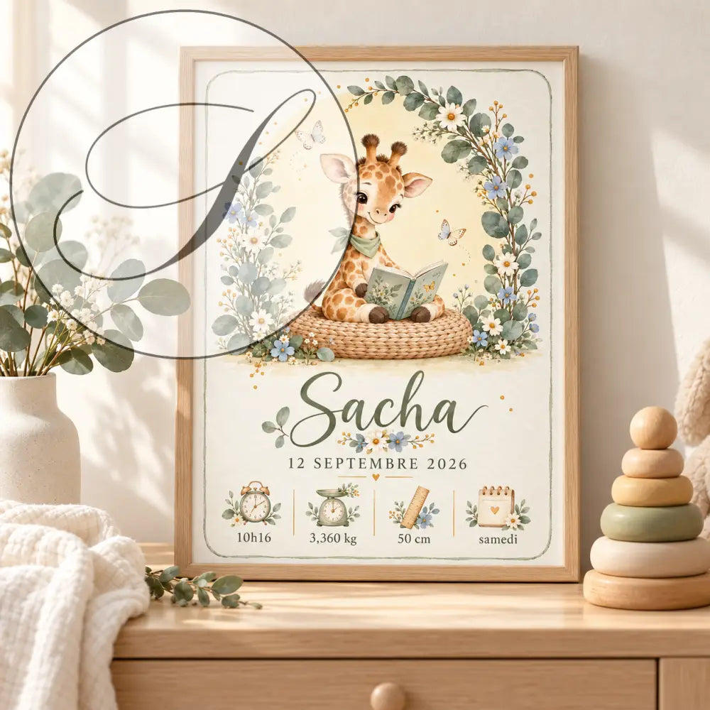 Affiche naissance personnalisé bébé avec girafe mignonne lisant un livre, prénom sacha et statistiques de naissance encadrée