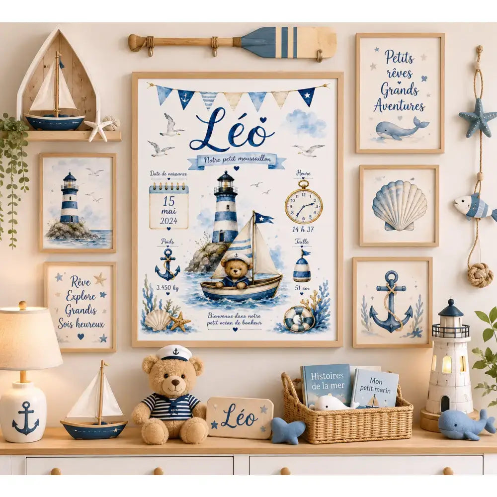 Affiche cadre bébé thème nautique avec ours en peluche en chapeau de marin 