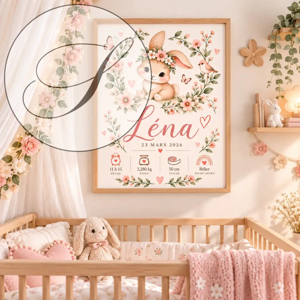 Affiche de naissance personnalisée lapin fleuri avec lapin aquarelle rose poudré pour baby shower décor bébé