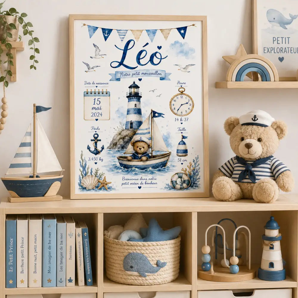 Cadre naissance thème nautique avec ours en bateau phare et mouettes détails aquarelle bleu et blanc