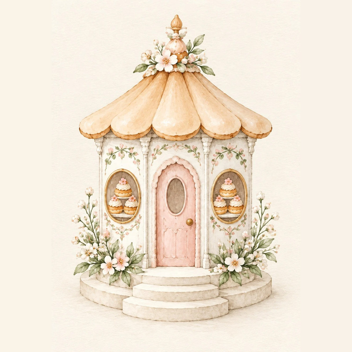 Cadeau naissance : affiche petit kiosque pâtisserie au toit doré, porte rose et choux à la crème en vitrine