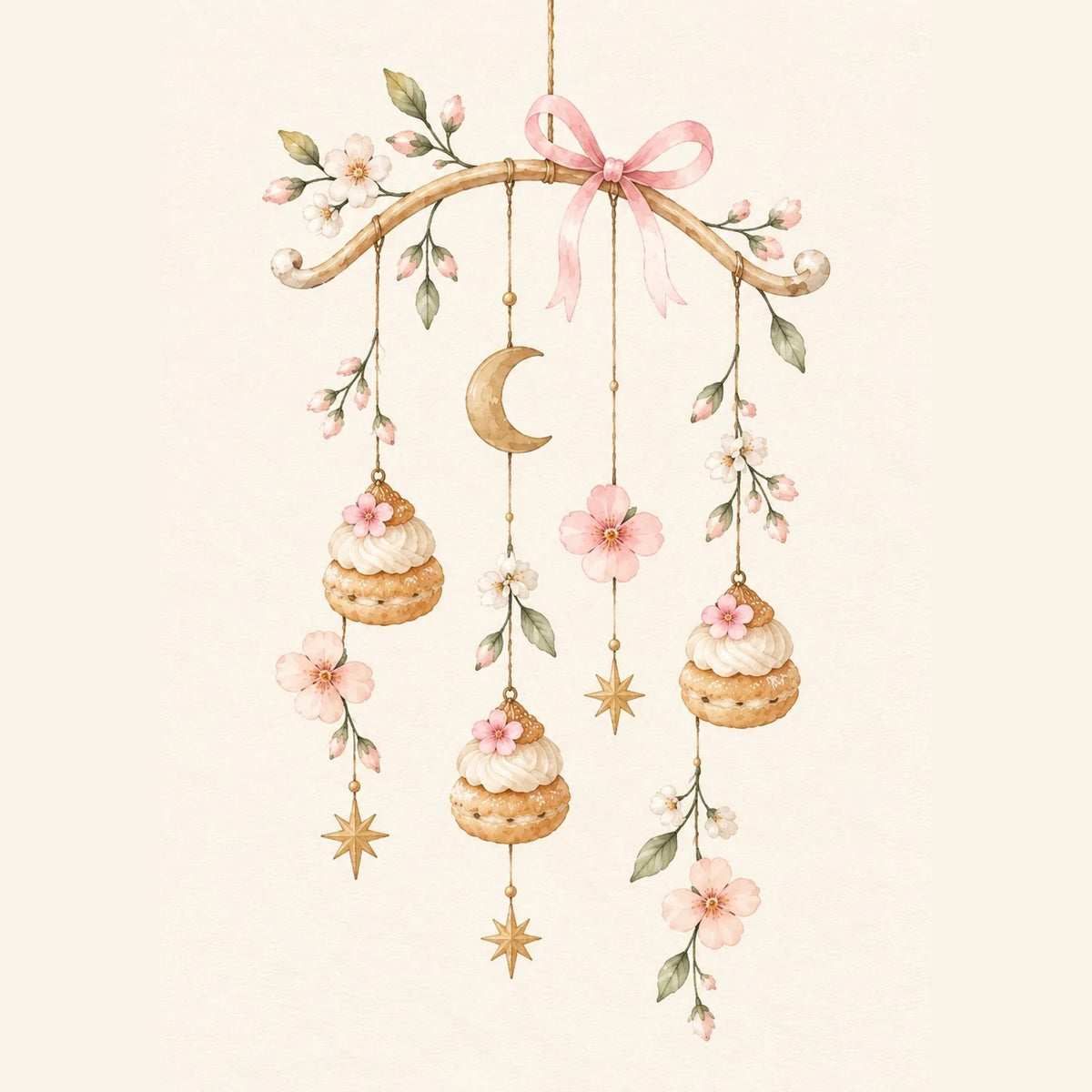 Cadeau naissance : affiche mobile de bébé aux choux à la crème, lune, étoiles et ruban rose