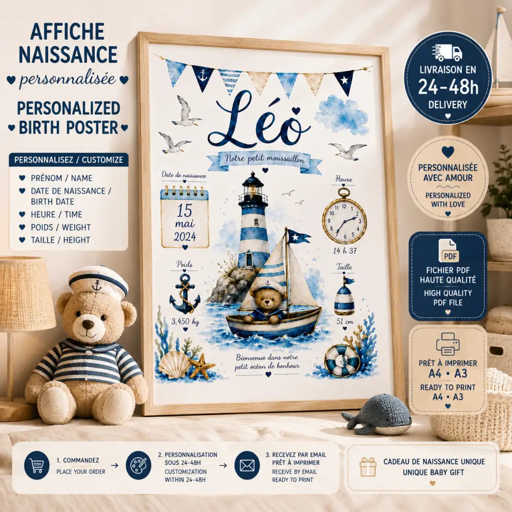 Affiche de naissance personnalisée thème nautique avec phare rayé bleu blanc et ourson voilier en aquarelle