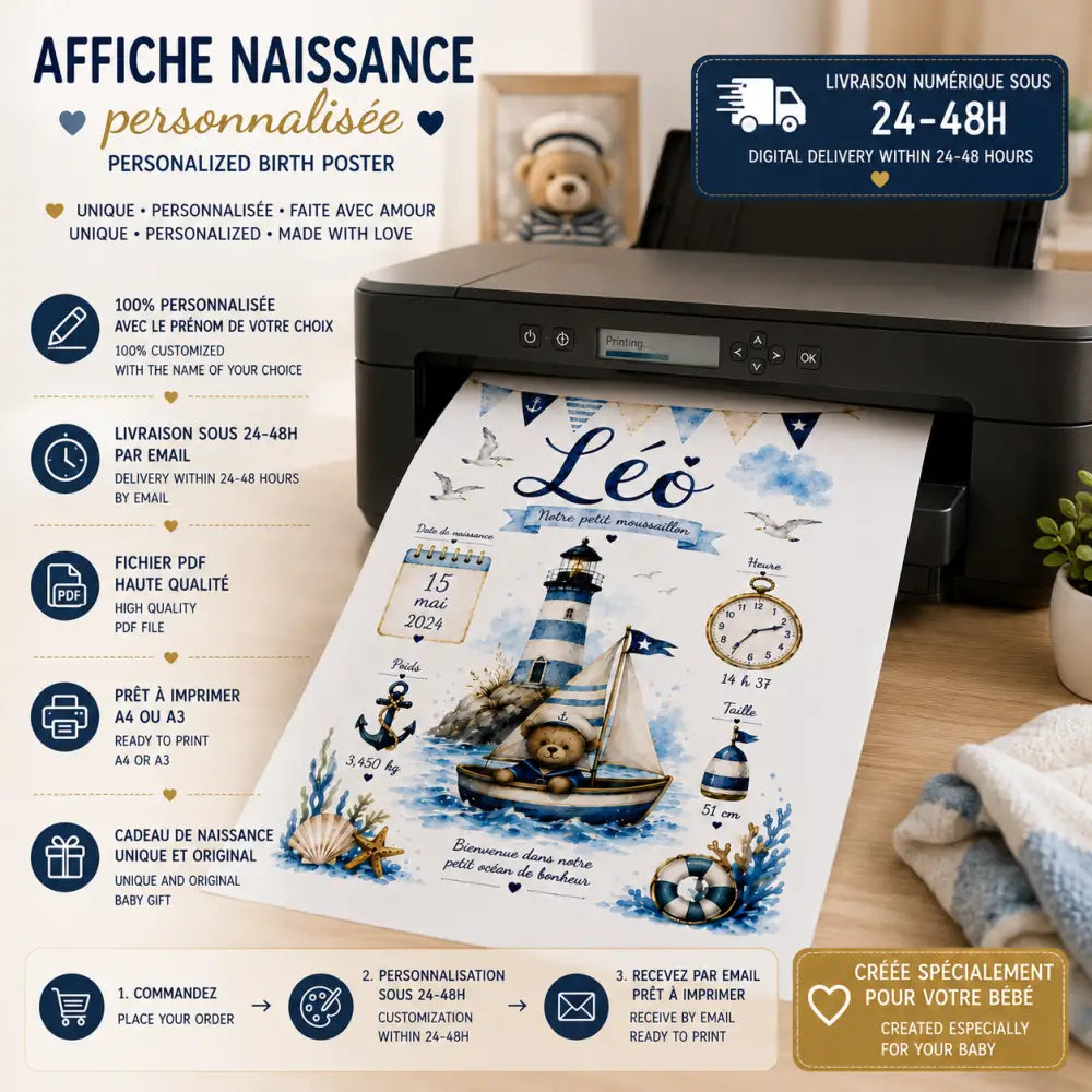 Affiche de naissance personnalisée avec illustration aquarelle dourson dans bateau phare rayé bleu et blanc avec éléments nautiques