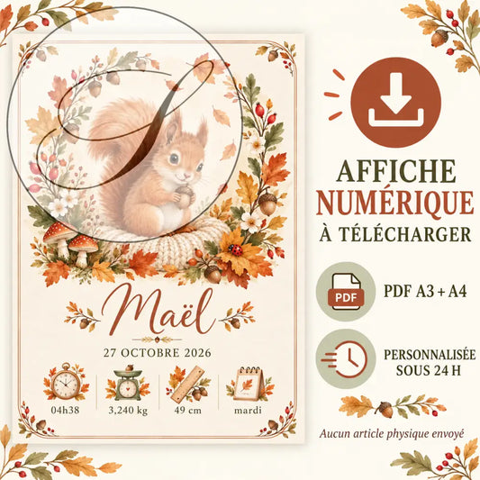 Affiche prénom écureuil orange avec écureuil en nid tricoté entouré de feuilles et glands pour cadeau naissance