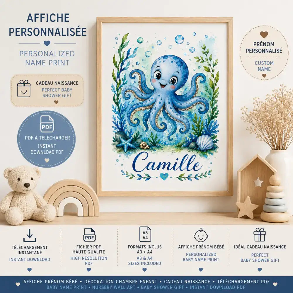 Affiche personnalisée prénom enfant aquarelle avec illustration bleue dornithorynque cadre bois clair cadeau naissance original