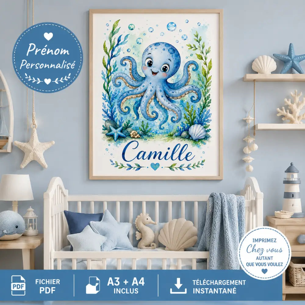 Affiche personnalisée enfant avec illustration poulpe bleu encadrée en bois clair et prénom camille idéale cadeau naissance original