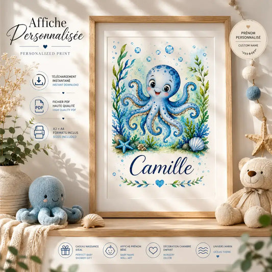 Affiche personnalisée enfant aquarelle bleu cadre bois cadeau naissance original avec nom camille plantes marines