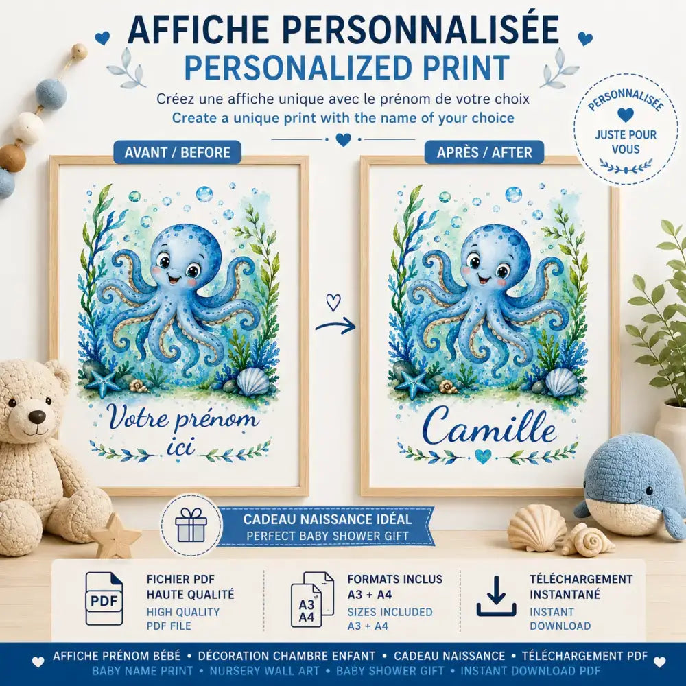 Affiche personnalisée prénom enfant bleu pieuvre aquarelle cadeau naissance original pour chambre de bébé
