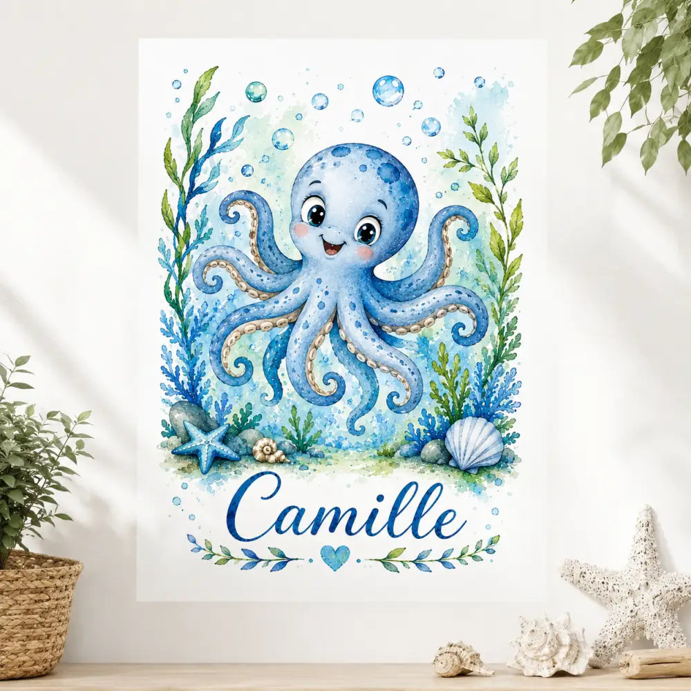 Affiche personnalisée prénom enfant avec illustration aquarelle originale cadeau naissance original en bleu