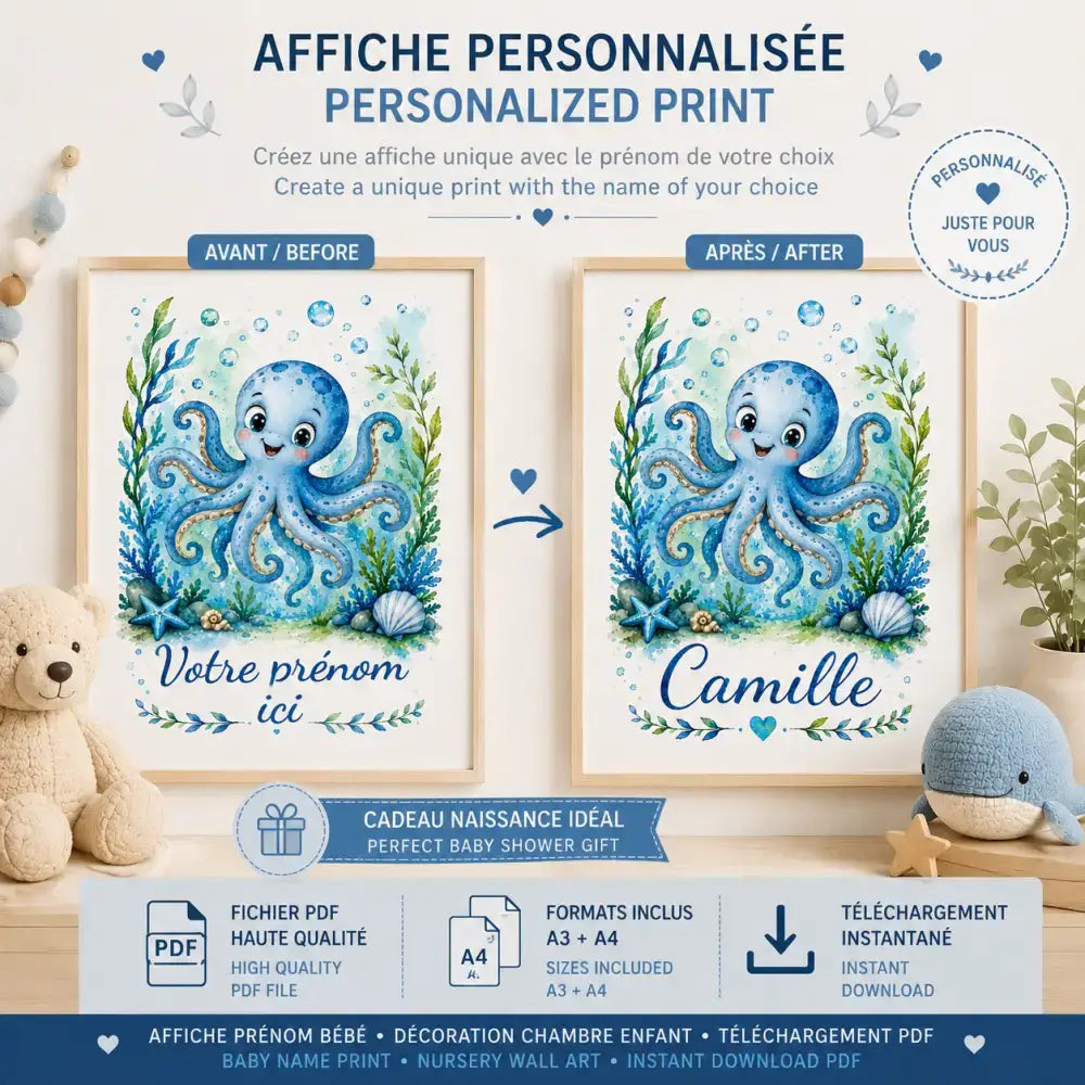 Affiche personnalisée prénom enfant bleu pieuvre design aquarelle océan cadeau naissance original