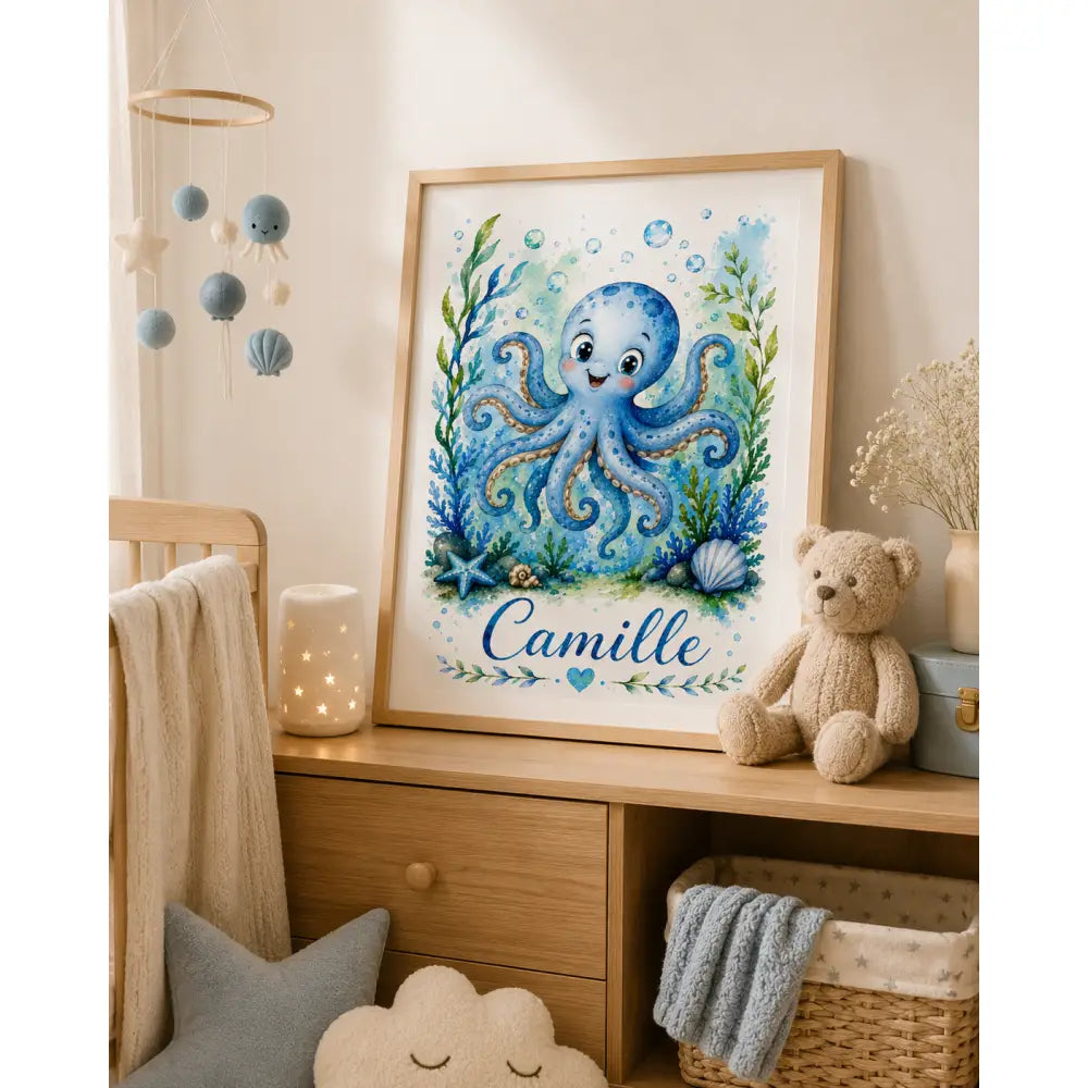 Affiche personnalisée prénom enfant en aquarelle avec pieuvre bleue encadrée bois clair cadeau naissance original