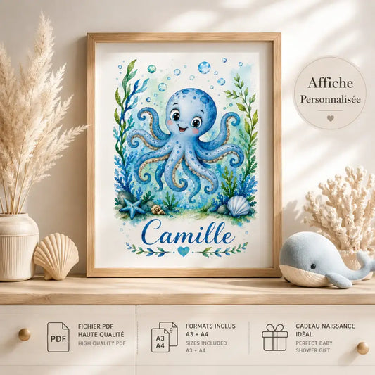 Affiche personnalisée prénom enfant aquarelle avec illustration dpieuvre bleue encadrée cadeau naissance original