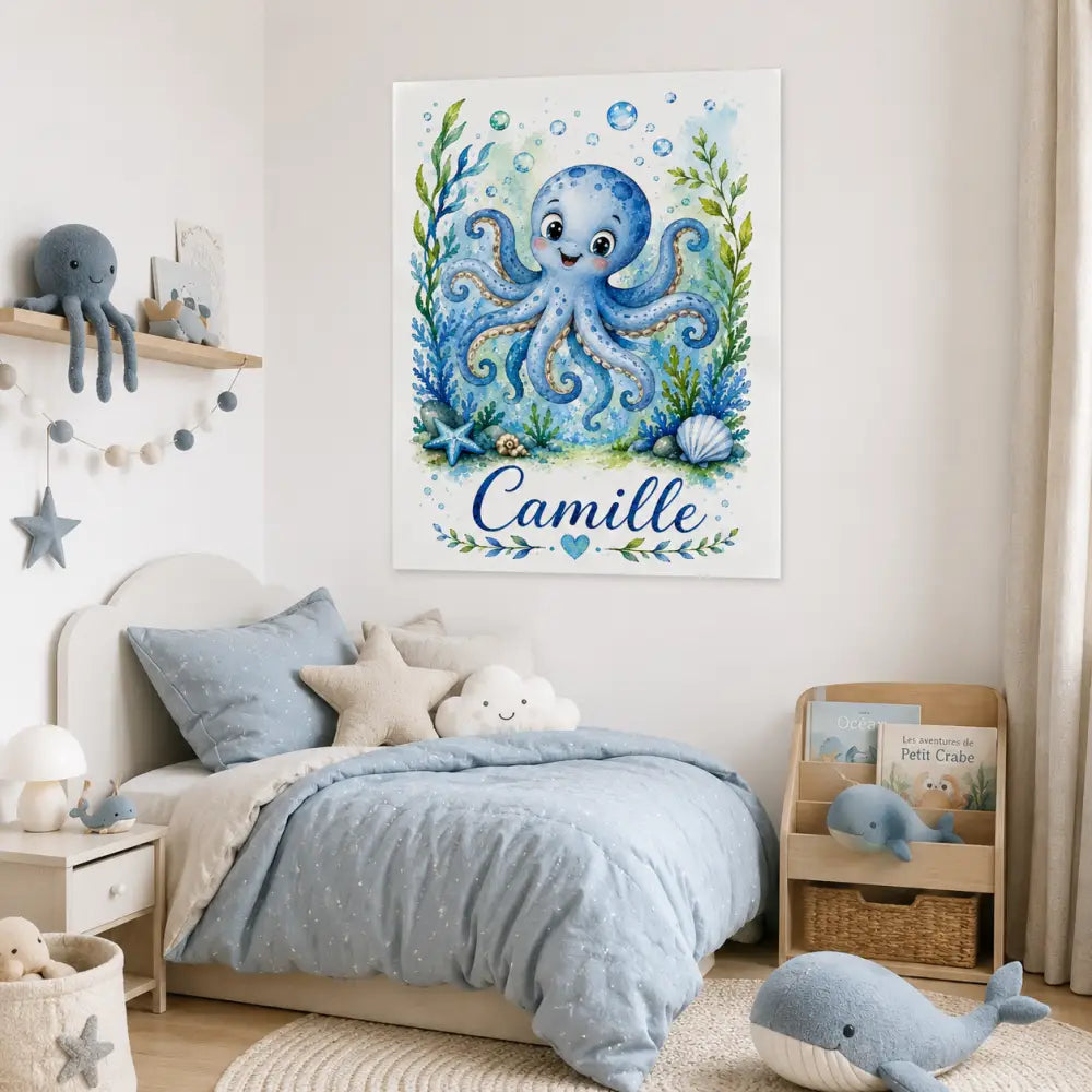 Affiche personnalisée enfant aquarelle avec pieuvre bleue souriante et prénom camille, cadeau naissance original