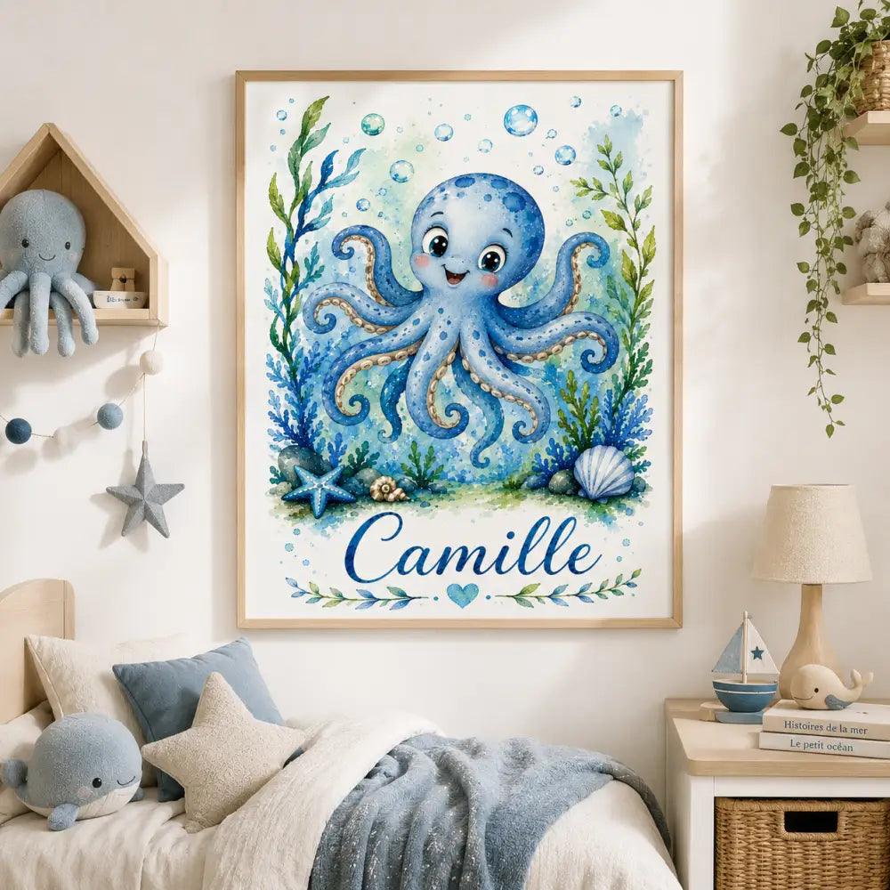 Affiche personnalisée prénom enfant aquarelle bleu encadrée bois clair avec poulpe et cadeau naissance original