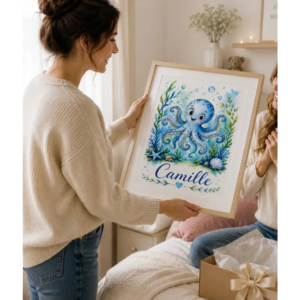 Affiche personnalisée prénom enfant aquarelle cadeau naissance original avec pieuvre bleue et nom camille élégant