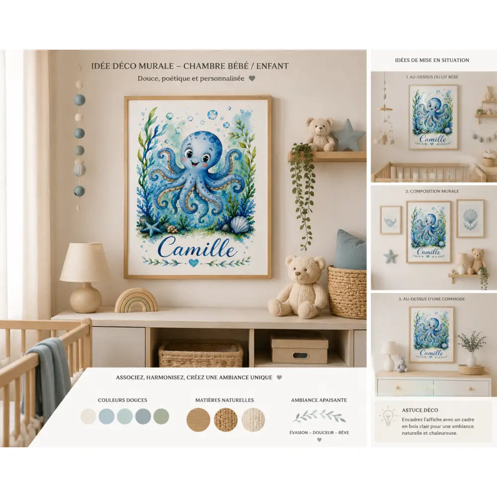 Affiche personnalisée enfant bleu aquarelle avec prénom camille encadrée en bois clair cadeau naissance original