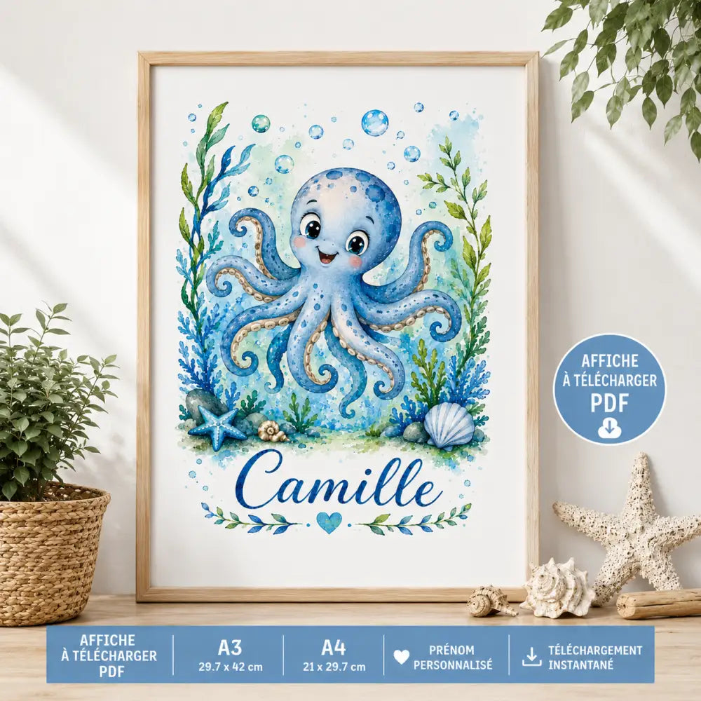 Affiche personnalisée prénom enfant bleu aquarelle avec pieuvre encadrée bois clair cadeau naissance original