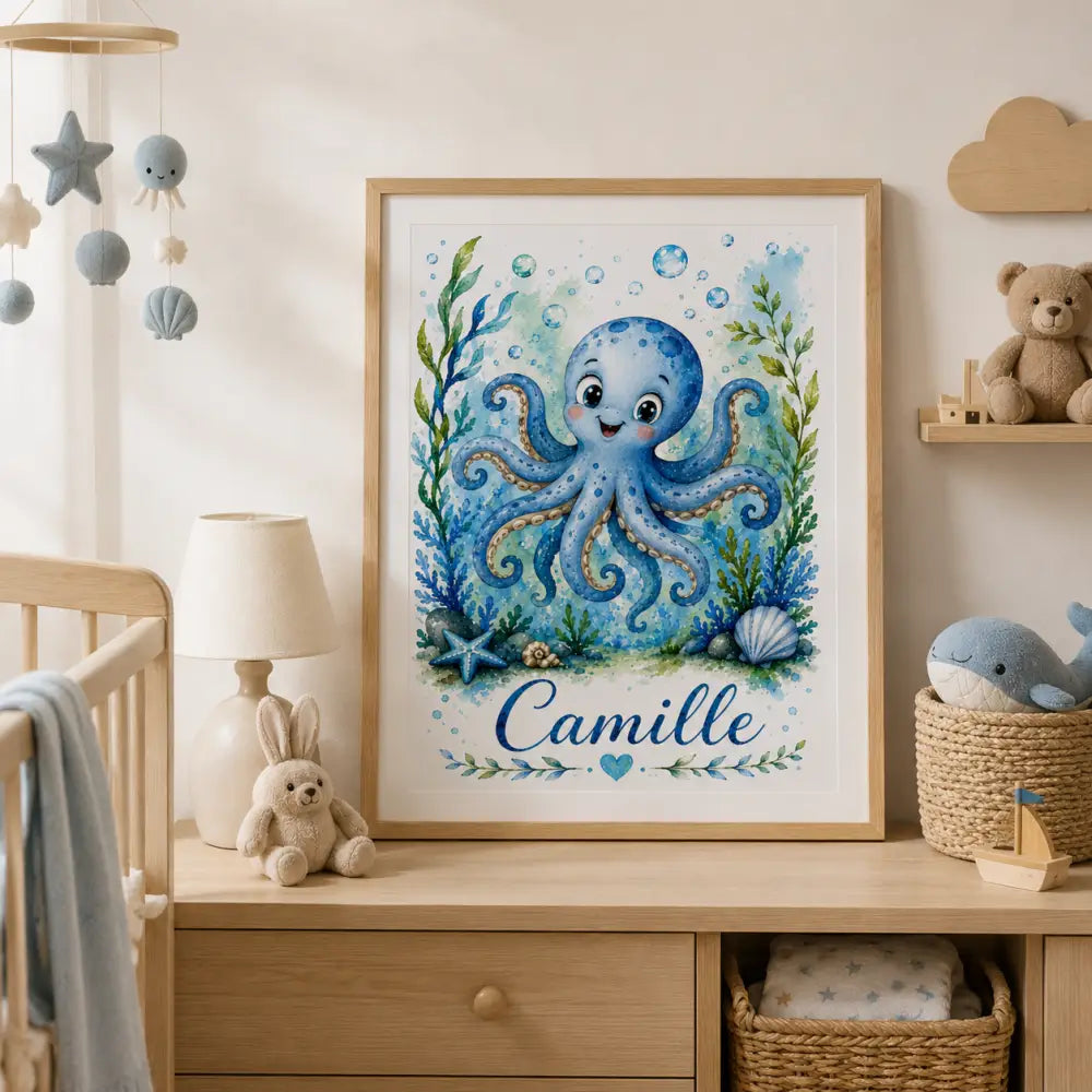 Affiche personnalisée enfant aquarelle avec un poulpe bleu et doré nom camille cadeau naissance original
