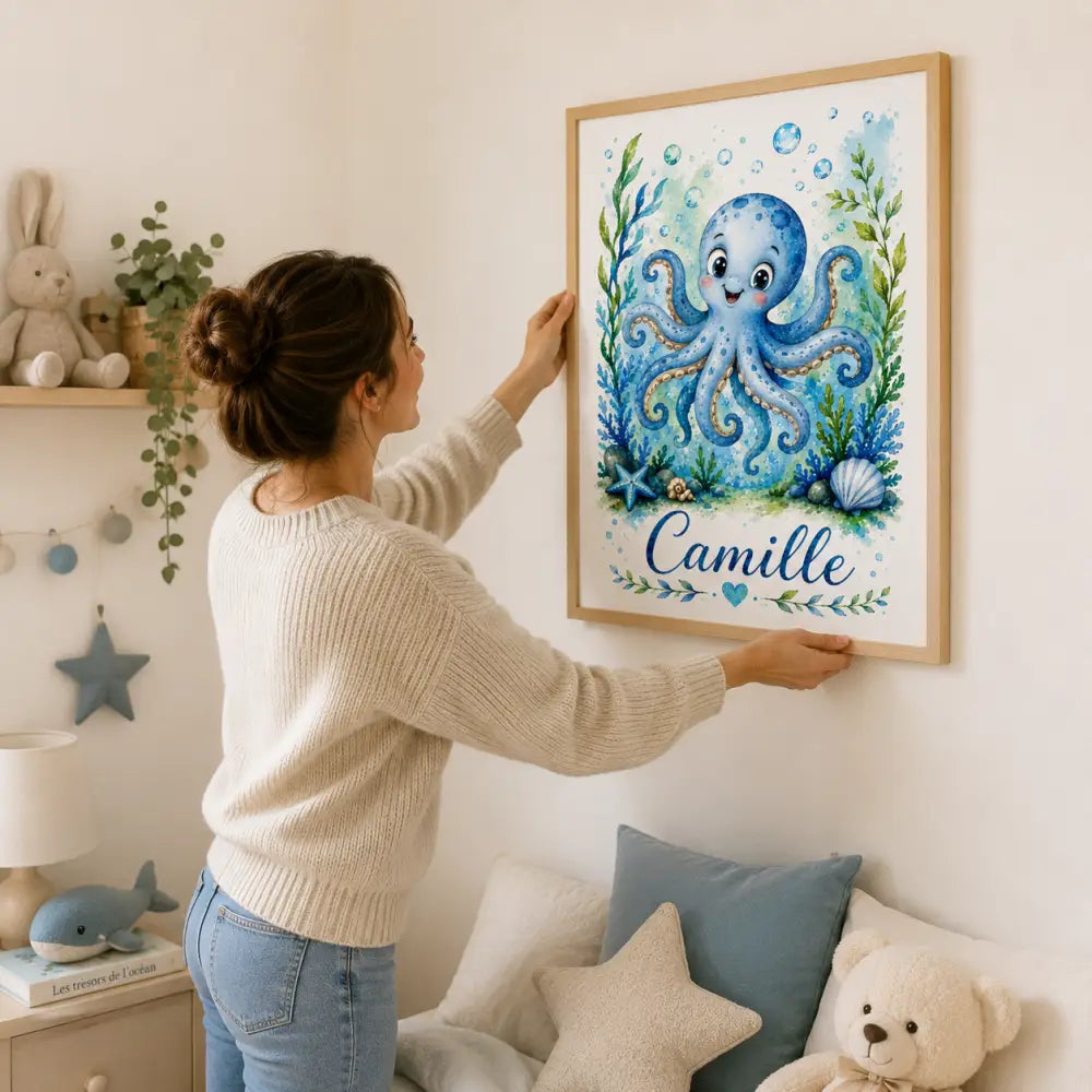 Affiche personnalisée prénom enfant aquarelle avec un poulpe bleu joyeux cadeau naissance original