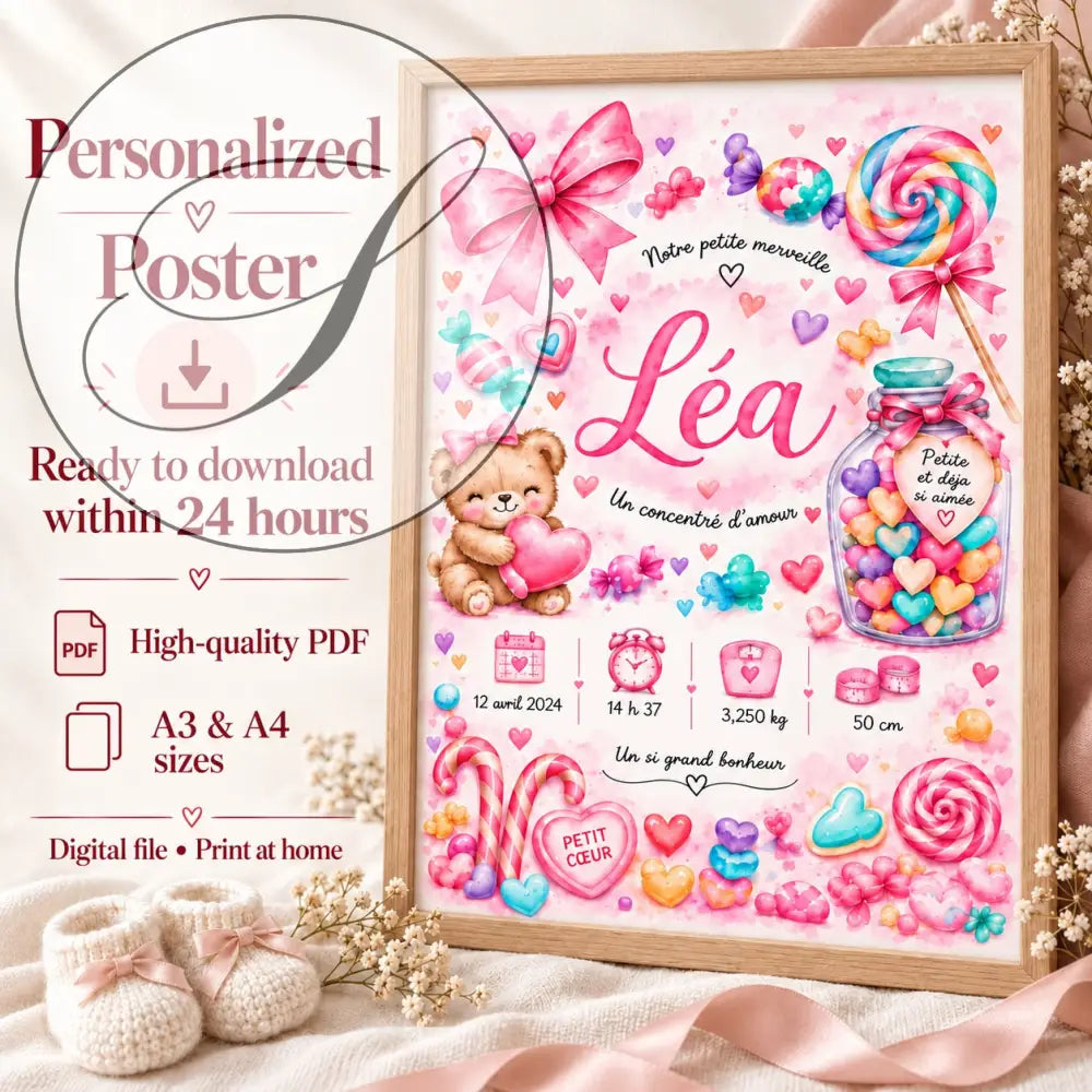 Affiche bonbons et ourson rose avec prénom léa en script élégant cadeau naissance fille personnalisée