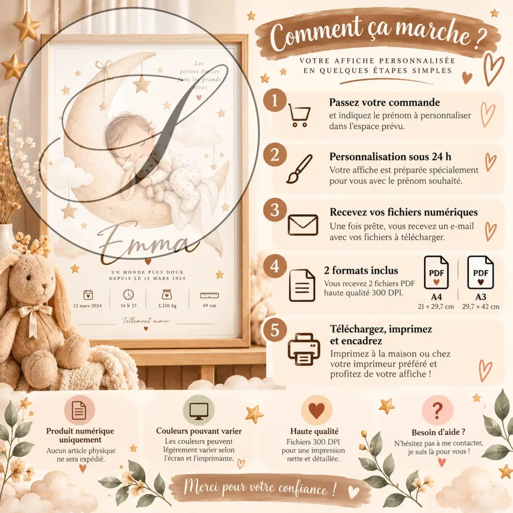 Affiche de naissance personnalisée bébé lune avec nourrisson endormi sur lune et étoiles pastel idéal cadeau naissance