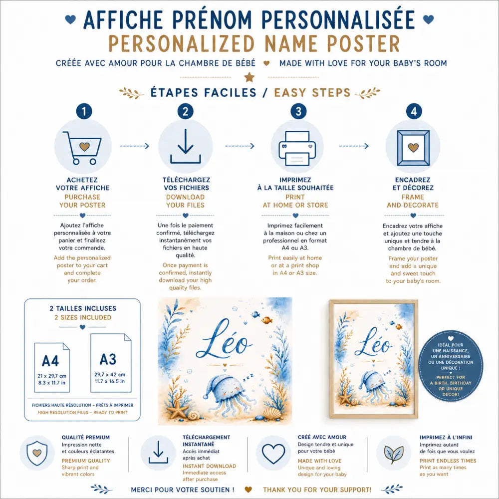 Affiche prénom personnalisée format A4 cadeau naissance avec nom léo en bleu et décor aquatique en aquarelle