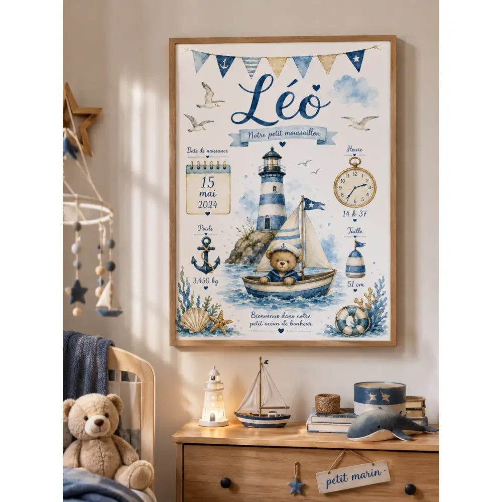 Affiche de phare rayé bleu et blanc avec un ours en peluche dans un voilier encadrée en bois clair