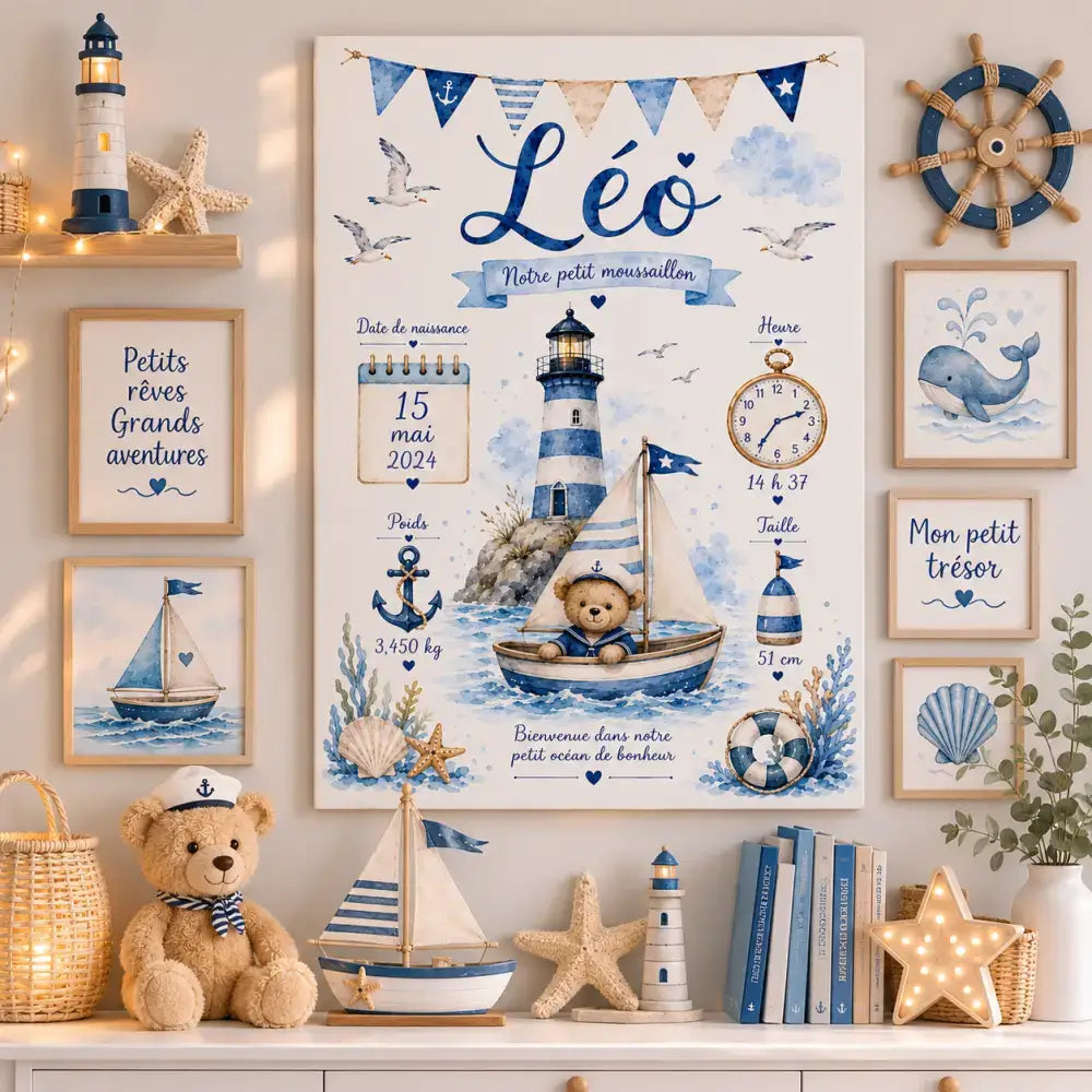 Affiche étape bébé thème phare rayée bleu et blanc avec ours en peluche dans un bateau à voile 