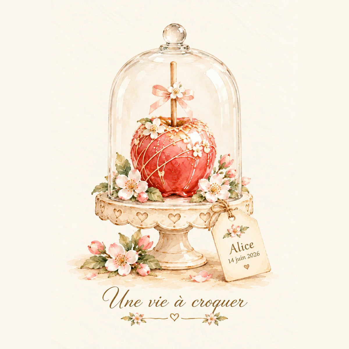 Cadeau naissance personnalisé : affiche pomme d'amour sous cloche avec prénom et date de naissance, Une vie à croquer