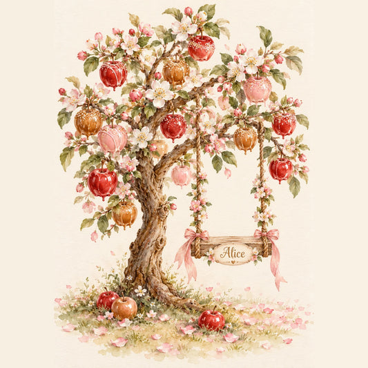 Cadeau naissance personnalisé : affiche pommier en fleurs aux pommes d'amour avec balançoire au prénom de bébé