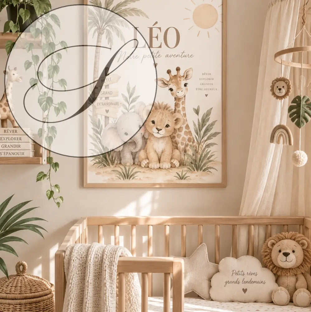 Affiche prénom bébé personnalisée avec cadre beige et illustration aquarelle animaux de la forêt pour cadeau naissance