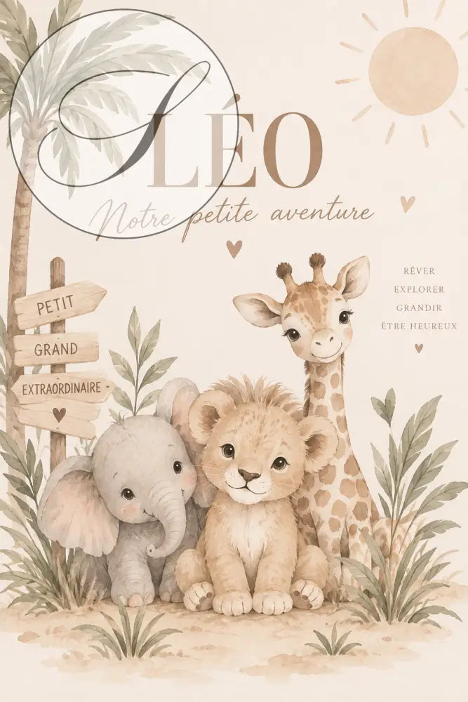 Affiche prénom bébé personnalisée avec girafe lion éléphant en tons beiges doux pour cadeau naissance pdf a4 a3